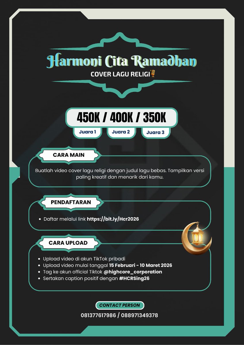 Ikutan Harmoni Cita Ramadhan sekarang!
Cover lagu religi sekreatif mungkin &amp; menangkan hadiahnya 🎁
Gas upload mulai 15 Februari ya! 🎤🔥
Link pendaftaran : bit.ly/Hcr2026 #HCRSing26