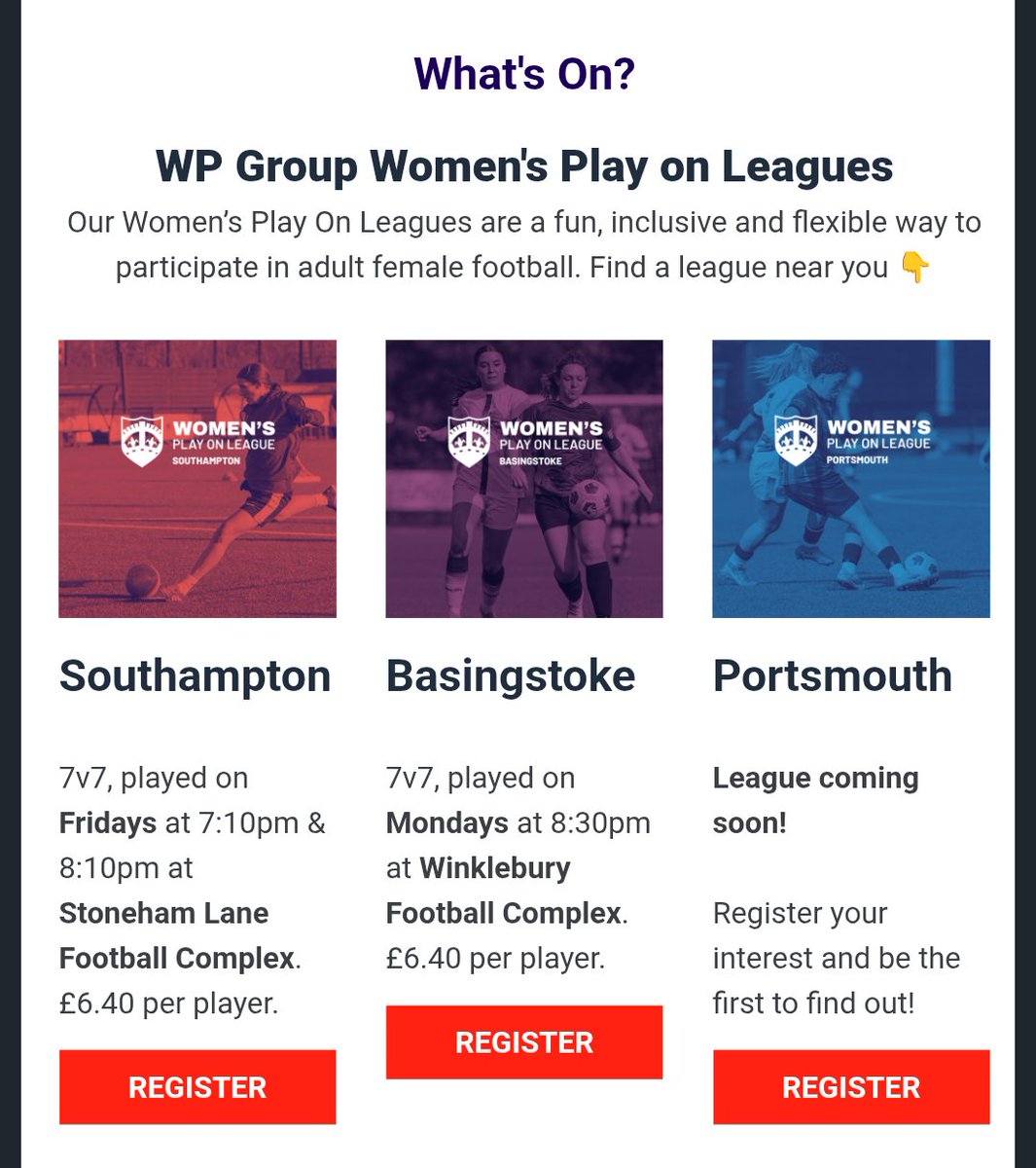 Brilliant news .. Portsmouth womens play on leagues. Just what I want and need !! <a href="/HampshireFA/">Hampshire FA</a> 
I've signed up for Portsmouth; tell me more! I'm fed up with my other teams playing inside or cancelling.