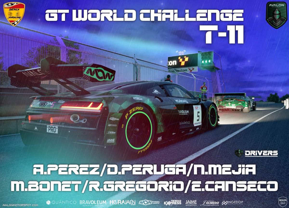 🏎️ IBERICA SIMRACING – TEMPORADA 11 (DIVISIÓN 1) 🏁

📍 Circuito: Snetterton
🚗 Categoría: GT3
📅 Fecha: Jueves 12 de febrero
🕘 Hora: 21:00

👥 Pilotos:
🔹 Alejandro Pérez  – Aston Martin
🔹 Daniel Peruga – Aston Martin
🔹 Marçal Bonet – Ford Mustang
🔹 Néstor Mejía – Audi
🔹