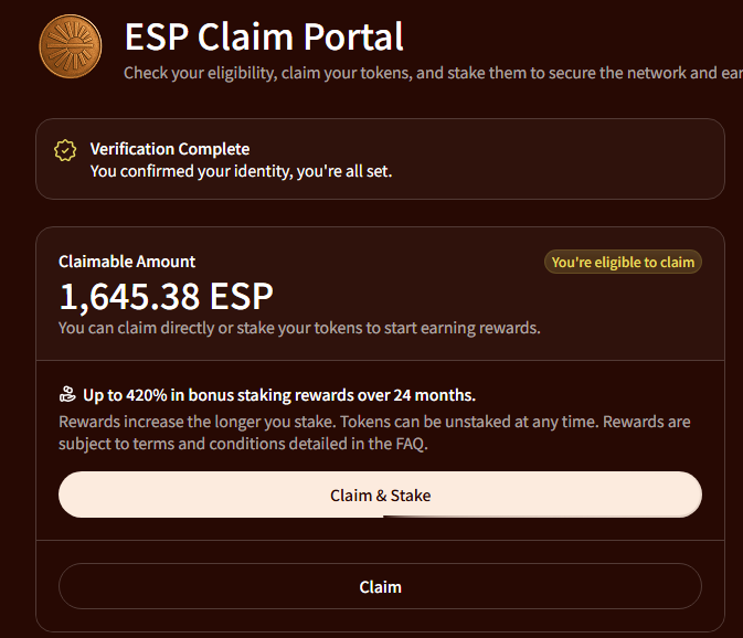 サイト繋がりました。
$ESP しょぼどろでした。

Claimページ：claim.espresso.foundation
不安な方は公式ポストからアクセス⭐