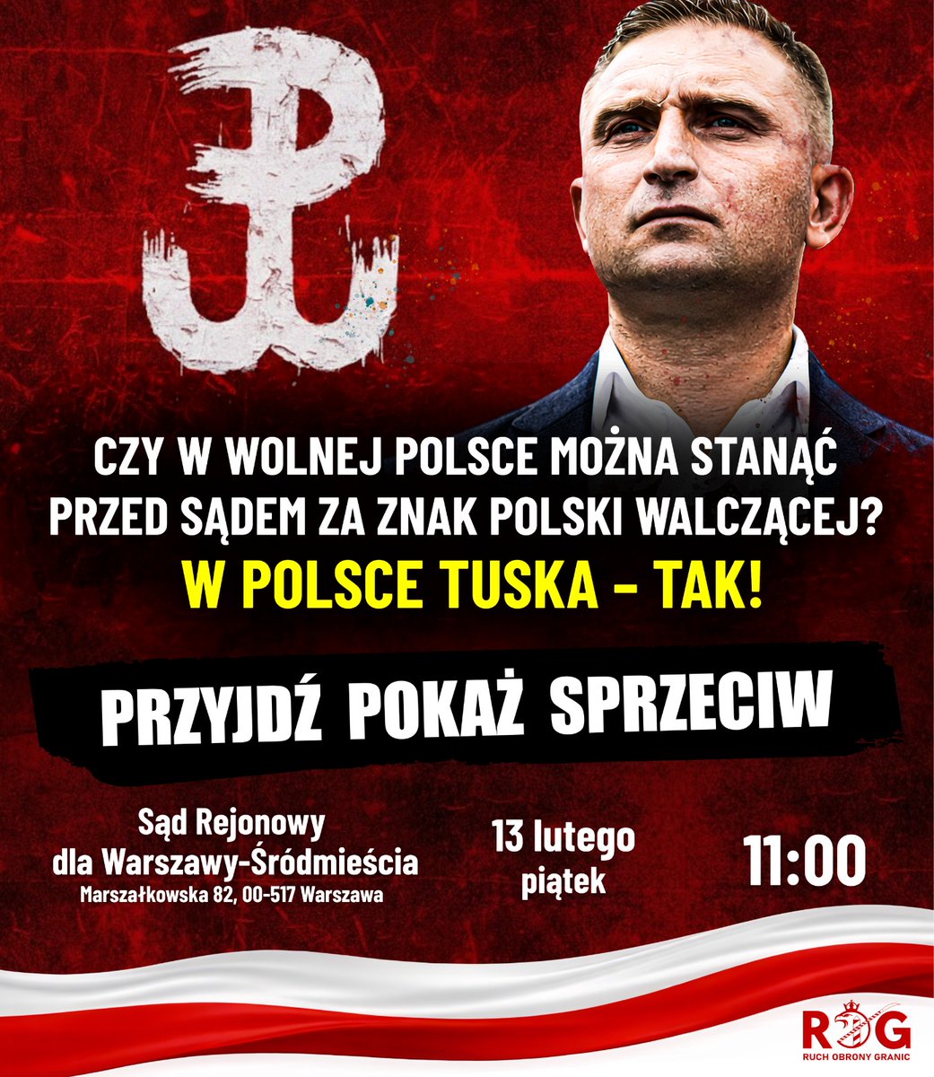 Symbol, za który nasi przodkowie przelewali krew, dziś zaprowadza przed sąd. 

🗓 13 lutego, piątek 
🕚 11:00
📍 Sąd Rejonowy dla Warszawy-Śródmieścia, Marszałkowska 82, sala 122

Warto sobie zadać pytanie: W jakich to mrocznych czasach i pod czyimi rządami Polacy byli ostatnio