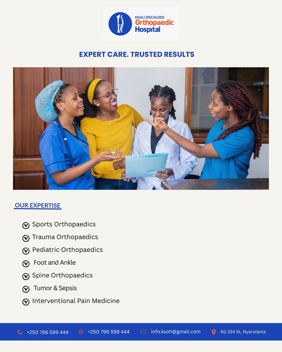 KHospital22123's tweet photo. Successful outcomes don’t happen by chance.They are built on experience, precision and teamwork.
At Kigali Specialized Orthopaedic Hospital, we are committed to helping you move better and heal stronger.
📞 +250 796 599 444
📍 KG 334 St, Nyarutarama
#trustedcare #sportsmedicine https://t.co/0A2ojECa2E
