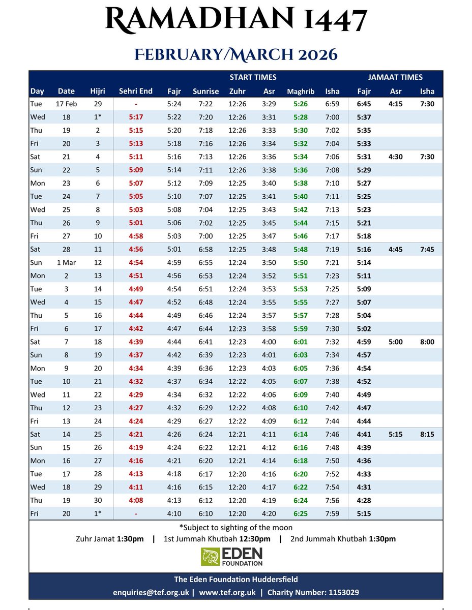 TEFHudds's tweet image. Ramadhan 1447/2026

Stay tuned — our *Ramadhan events schedule* will be released very soon, with a range of gatherings, reflections and community moments planned throughout the month, for brothers, sisters and children!
#edenfoundation #Highfields #Lindley #Ramadan #Ramadhan