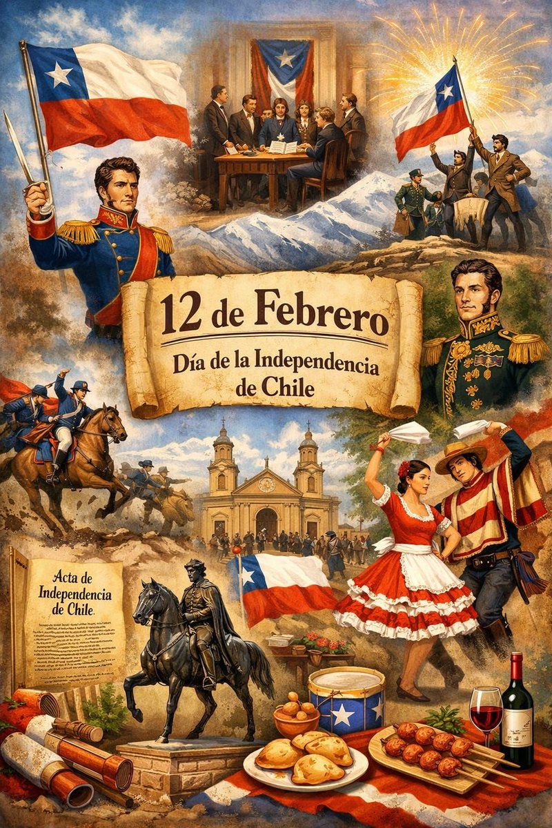 12 de febrero de 1818 en Chile se llevó a cabo la proclamación y juramento público del Acta de Independencia de España, con ceremonias solemnes en Santiago y Talca, encabezadas por el Director Supremo Bernardo O'Higgins.
(Flojo  Yamila  Mariana Loyola  Maltés  Alemparte)