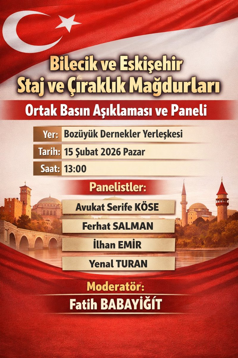 ANKSTAJCIRAK's tweet photo. Duyuru 📢

@halileldemir
@NebiHatipoglu
@deryacirakli
@ProfDrAGurcan
@fatih_donmez
@jalenursullu
@utkucakirozer
@yasartuzun06
@CevahirManas
@GurhanAlbayrak
@ayseunluce
@melekmsubasi
@herkesicinCHP
@CHPEskisehir26
@ChpBilecik11
@Akparti
@akpartibilecik
@AKEskisehir26
@RefahBilecik
@YenidenRefahEs
@BilecikAParti
@avukatayhanerel
@AnahtarPartiEsk
@avukatayhanerel
@caglarol
@MHPeskisehir26
@ismail_cnd_MHP
@Mhpbilecikil
@bilecikbbp
#GökmenAPAR
@bbp_eskisehir_
@tahabaksan
@zaferpartisi26
@hasan_demir26
@bilecik_zafer
@kemalbigezfr11
@ibrahimbag11
@bilecik_haber
@eskisehirbb
@BilecikBeledi
@anadolugzt
@BilecikSsm
@scsms_eskisehr
@mslm_alagoz
@fatbaba03
@STAJMADURLARID1
@ilhanemir
@cerkez341101

Staj ve Çıraklık Sigortası Mağdurları Federasyonu olarak; Bilecik ve Eskişehir Derneklerimizin ortak duruşuyla, unutulması istenen bir gerçeği yeniden hatırlatmak için bir araya geliyoruz.

Yer: Bozüyük Dernekler Yerleşkesi   
Tarih: 15 Şubat 2026 Pazar   
Saat: 13.00      

Panelde, hukukun dili konuşulacak. 
Mali gerçekler ortaya konacak.   
Ama en çok da, yaşanmışlıklar anlatılacak.    
Bugün susmak, bu haksızlığı kabullenmek demektir. Bugün yan yana durmak ise, tarihe doğru yerden not düşmektir.     

Tüm staj ve çıraklık sigortası mağdurları bu mücadeleye davetlidir.

Çünkü emek unutulursa, adalet de unutulur.   
Çünkü hak, ancak sahip çıkıldığında haktır.

Sessiz Kalmayın
#StajyerÇırağınSigortaAdeletsizliğineSusmayın