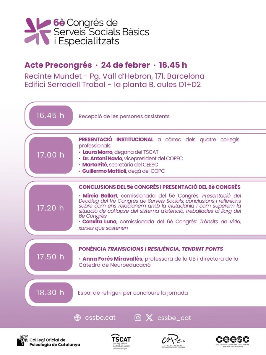 ❕Presentem el programa del Precongrés del 6è Congrés de Serveis Socials Bàsics i Especialitzats 2026 

El pròxim 🗓️24 de febrer et convidem a participar en aquest acte previ.

T’hi esperem per construir plegades el pròxim Congrés! #6CSSBE 🔗 cssbe.cat