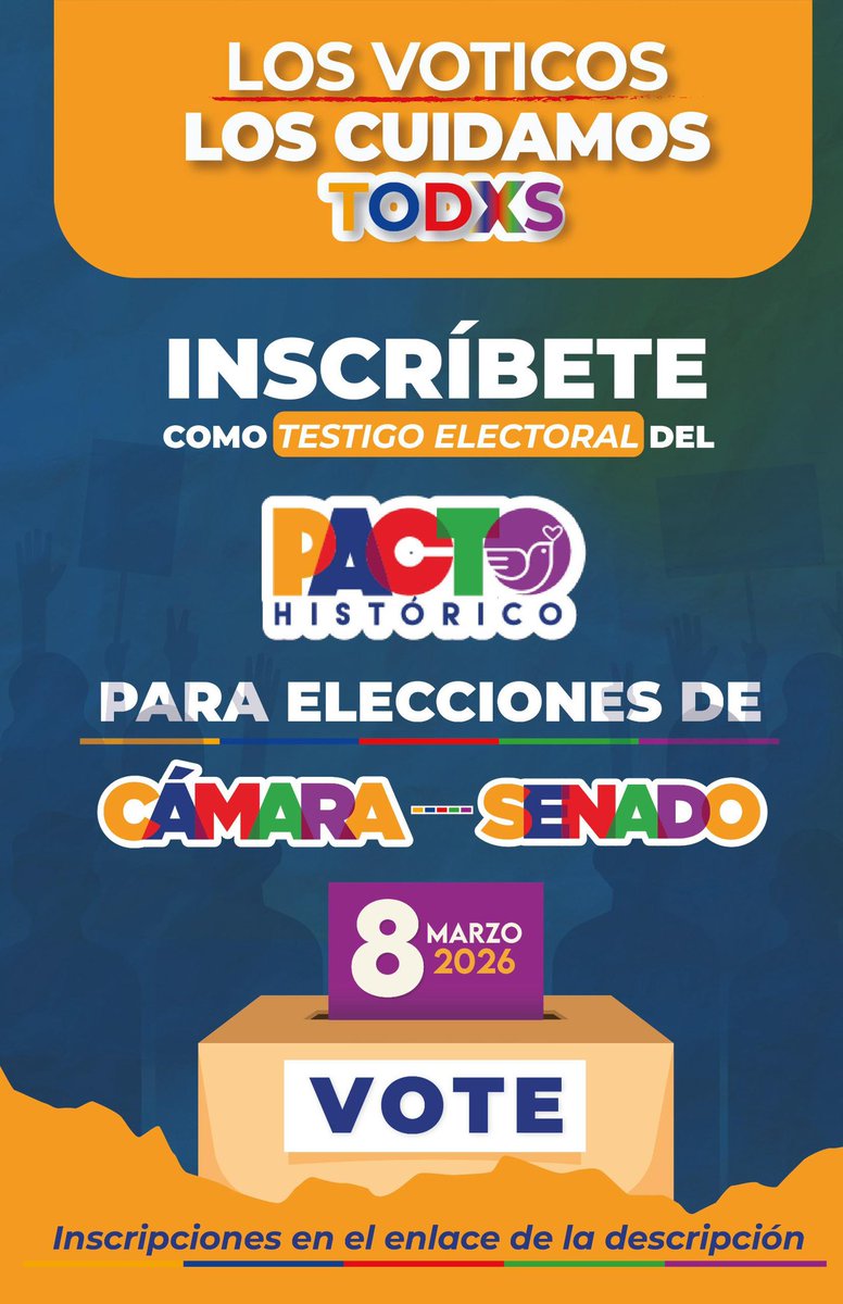 Ayúdanos a cuidar la democracia, cuidando los votos del Pacto Histórico. 

Les invitamos a inscribirse como Testigos Electorales para las elecciones de Cámara y Senado del Pacto Histórico este 8 de marzo. 

forms.gle/Ckne5ce8ojQ3Xy…