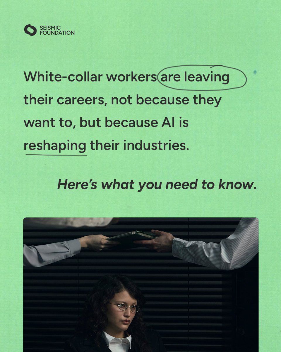 Seismicfound's tweet photo. AI is reshaping white-collar work faster than many expected. As automation spreads through data-heavy and entry-level roles, some professionals are retraining in fields seen as harder to automate. The shift raises questions about how human work evolves alongside AI. https://t.co/9BJvHpA5fX