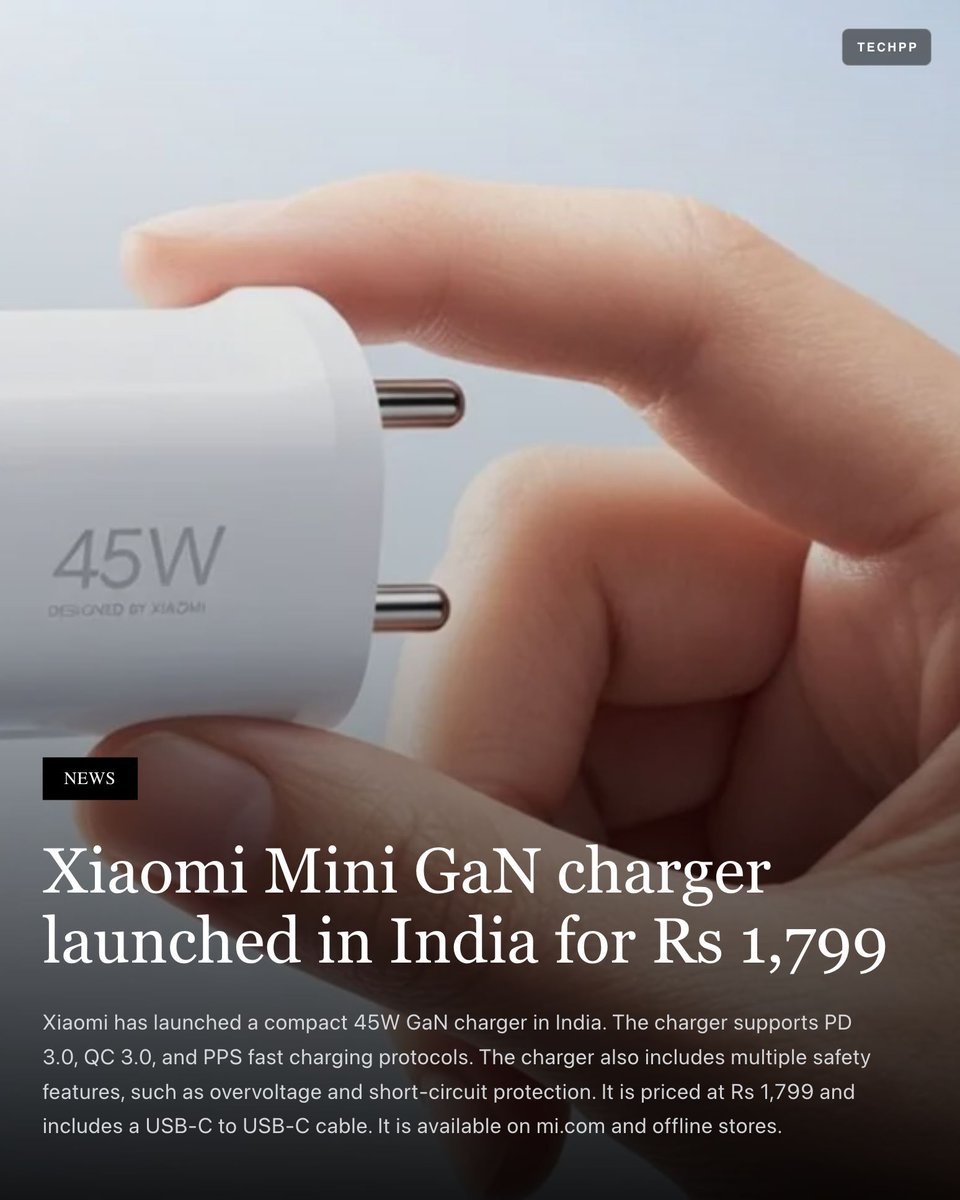 techpp's tweet image. Xiaomi Mini GaN charger launched in India for Rs 1,799 

#Xiaomi #GaN #Charger #Accessories