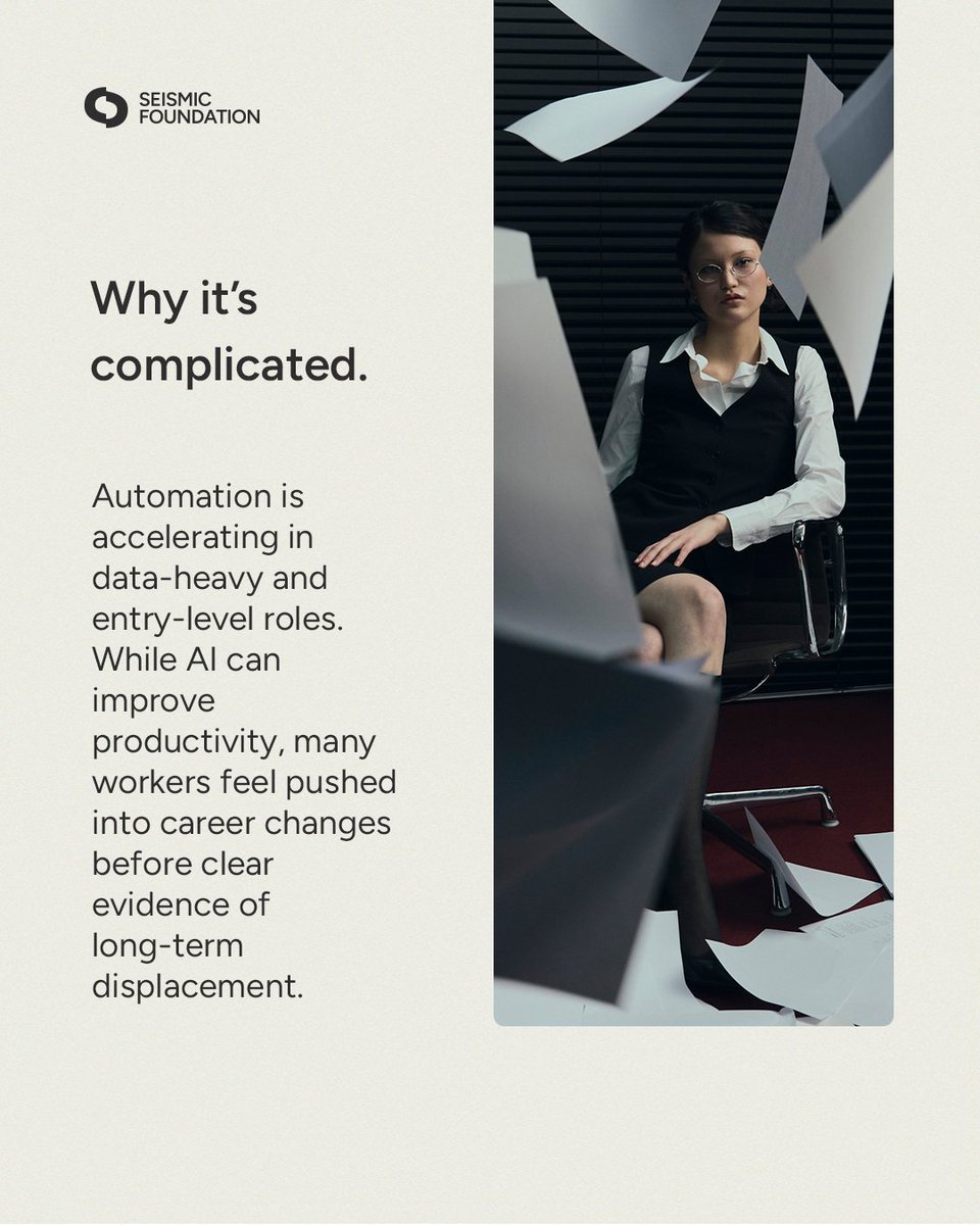 Seismicfound's tweet photo. AI is reshaping white-collar work faster than many expected. As automation spreads through data-heavy and entry-level roles, some professionals are retraining in fields seen as harder to automate. The shift raises questions about how human work evolves alongside AI. https://t.co/9BJvHpA5fX