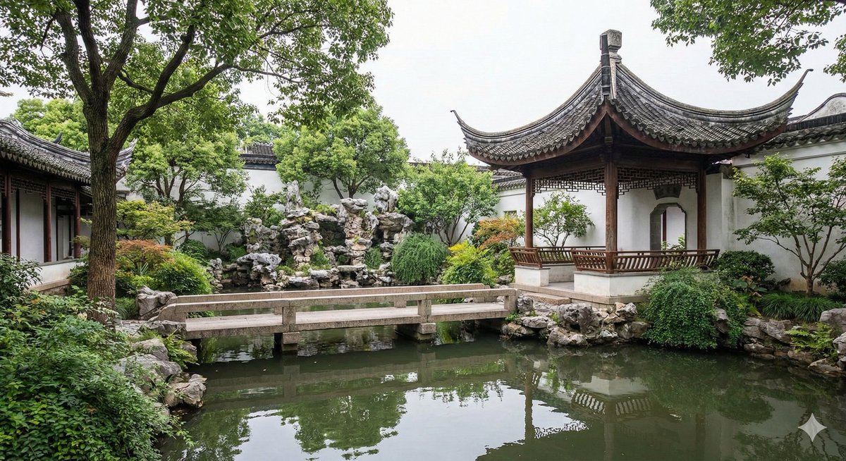 zhangnuannuan1's tweet image. A moment of tranquility in a traditional Suzhou garden. The harmony between the pavilion, pond, and rockery embodies the essence of classical Chinese landscape architecture. A peaceful retreat. 🌿 #SuzhouGarden #ChineseGarden #LandscapeArchitecture #Serenity