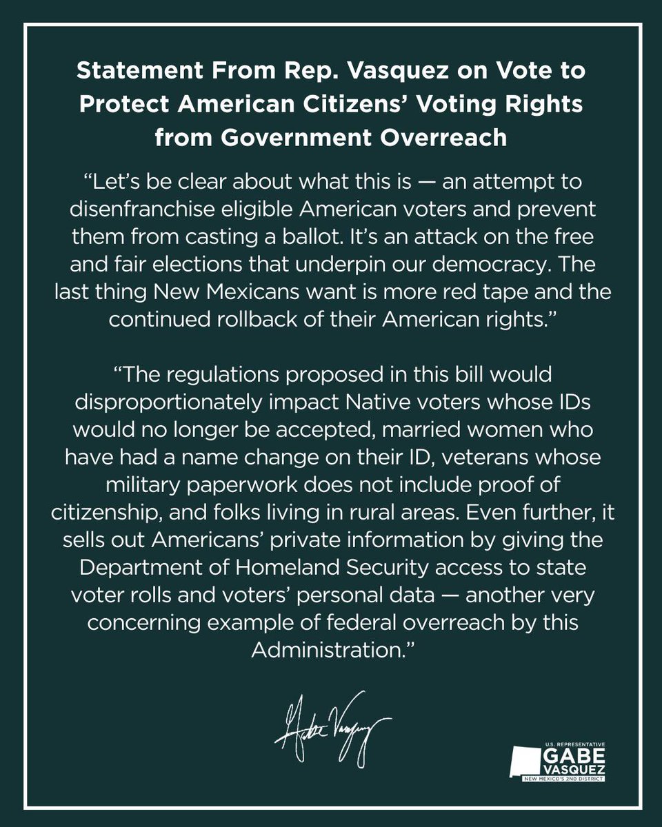 RepGabe34886's tweet photo. I have grave concerns about the impact H.R. 7296 would have on Tribal, rural, veteran, and female voters’ rights in New Mexico. https://t.co/dGx43Psr3S