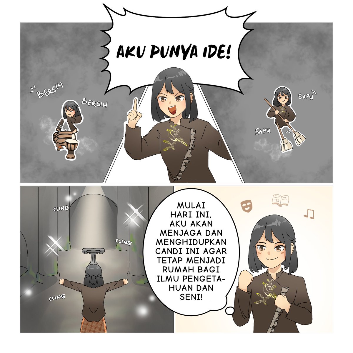 ⭒𝐂𝐇𝐀𝐏𝐓𝐄𝐑 𝐕⭒

Freya kembali dengan ide-nya.

Ia berdiri dengan tegap di ruang tengah candi itu. Ia menarik napas dalam sembari mendekati gendang kuno itu dan memukulkan pukulan pertama. Nada pertama bergema, membersihkan debu dari ruangan. Cahaya pelan-pelan semakin