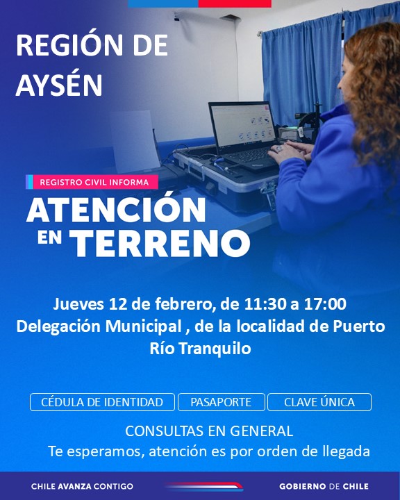 ¡Muy buenos días!
Les deseamos un excelente jueves 

Hoy nuestro equipo de atención en terreno estará en Puerto Río Tranquilo, en la Delegación Municipal de la localidad.

¡Te esperamos y recuerda que no se requiere agendar hora, la atención es por orden de llegada.