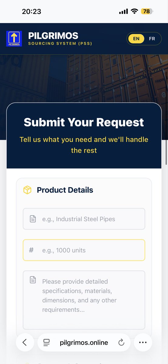 Pilgrimos_Co's tweet photo. 🚀 PILGRIMOS SOURCING SYSTEM (PSS)

With PSS:

 ✔ Easy request submission
 ✔ Clear and organized process
 ✔ Guaranteed response within 24 hours 

PSS Link :  https://t.co/ysDHDLfMJN

PILGRIMOS Website: https://t.co/L7Vkh5sUFI

#PILGRIMOS #Sourcing #China #SupplyChain #Congo https://t.co/Y1fc0D1or3