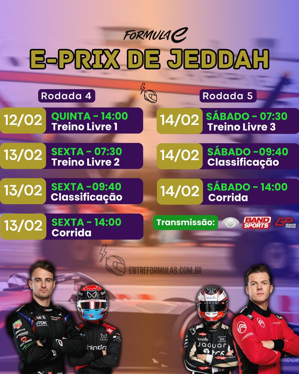 E-PRIX DE JEDDAH - RODADA 4 E 5 ⚡
️
Estão prontos para uma corrida noturna? 
A Fórmula E chega na Arábia Saudita para a primeira rodada dupla do calendário. 
Além disso, veremos o primeiro pit boost da temporada. 

Confira os horários ⬇️

#FormulaE #JeddahEPrix