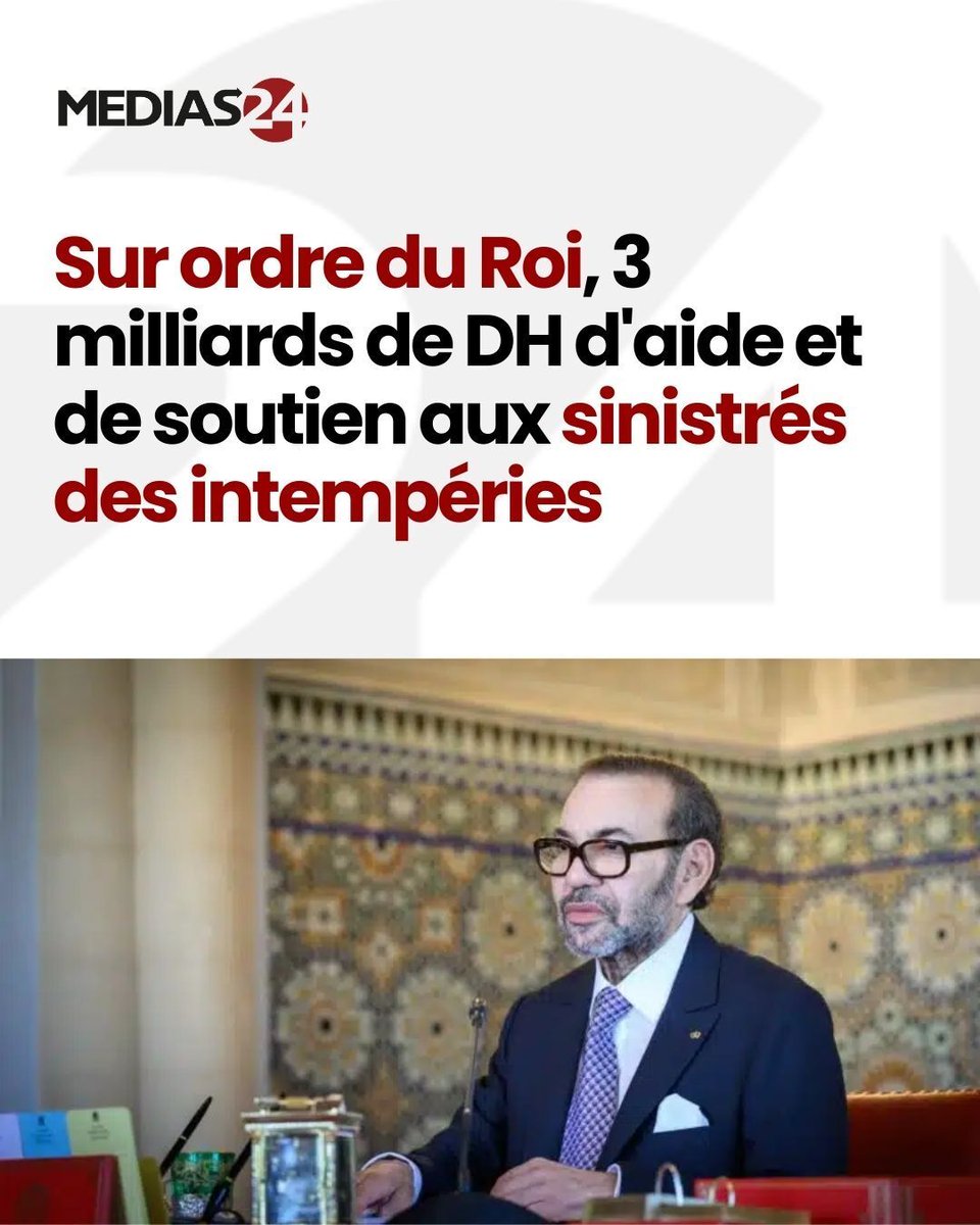 Medias24's tweet photo. Sur instructions royales, le gouvernement déploie un vaste programme d’aide et de soutien en faveur des familles et populations sinistrées suite aux intempéries d’un budget prévisionnel de 3 MMDH.

https://t.co/R7J0X7gnC1 https://t.co/SmIhGeNKgC