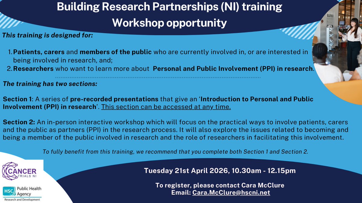 HSCRandD's tweet photo. Have you thought about your training courses in 2026?
Why not join our FREE online #BuildingResearchPartnerships NI Training and learn about Personal and Public Involvement (#PPI) on Tuesday 21 April 2026, 10.30am – 12.15pm. Open to all. 
To register, email cara.mcclure@hscni.net https://t.co/aKrz86Oe3G