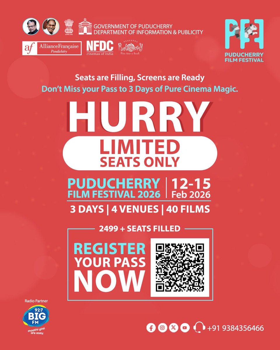 PFestival58216's tweet photo. 3 days | 4 Venues | 40 Films 📸 Seats are filling fast!!!Resgister now for Puducherry film festival. 3 Days Pure Cinema Magic. 

🎥 Puducherry Film Festival
📅 Feb 12–15, 2026

✨ Cinema. Culture. Conversation. 

#PuducherryFilmFestival #PFF2026 #CinemaLovers #ReelStories #Film https://t.co/O1mBFkLPMv