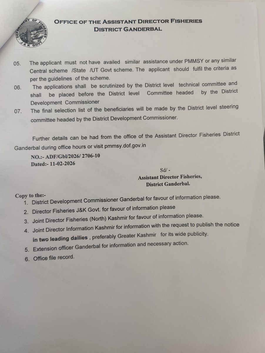 AdfoGanderbal's tweet photo. RE-ADVERTISEMENT 
Offline  applications are hereby invited from eligible beneficiaries under the Pradhan Mantri Matsya Sampada Yojana (PMMSY) scheme for availing benefits under various fisheries components.
@dcganderbal @CentreGanderbal @DDNewslive @ddnewsSrinagar https://t.co/QtlQvv7Imm