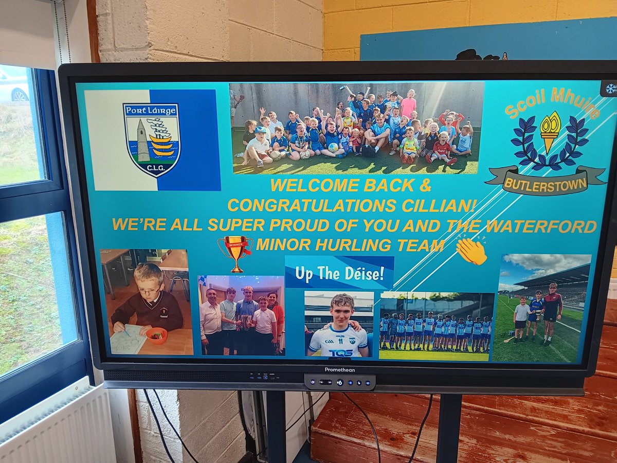 WhelanGavin's tweet photo. Brilliant morning in #ButlerstownNS 🔵🟡 as they welcomed back former student and All-Ireland MHC medal winner with @WaterfordGAA last June - Cillian Brennan, who proudly brought the #IrishPressCup along, great excitement all round 👍✅️🏑⚪️🔵 @ButlerstownGAA #DèiseAbù #GAA https://t.co/0BxH2ni4Yu