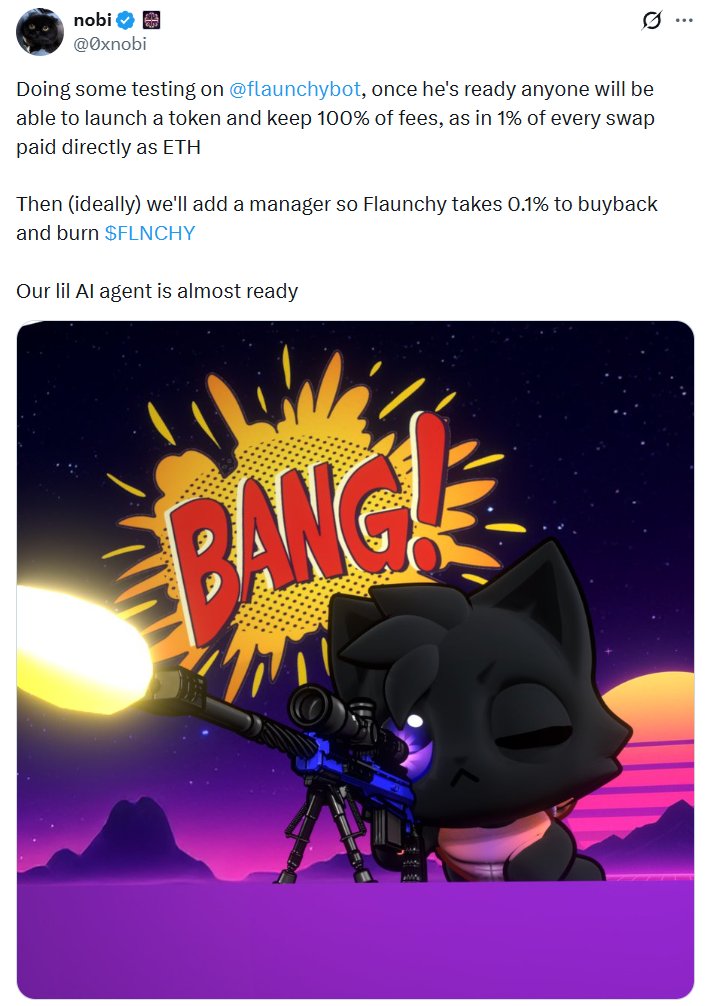 Detecting our top-performing whales buying $FLNCHY

<a href="/flaunchybot/">Flaunchy</a> is a token launcher on X similar to Bankr, but with a fairer fee structure where users receive most of the fees.

Well-known trending tokens like $OSO and $MLTL were recently launched on Flaunch.

The <a href="/0xnobi/">nobi</a> team