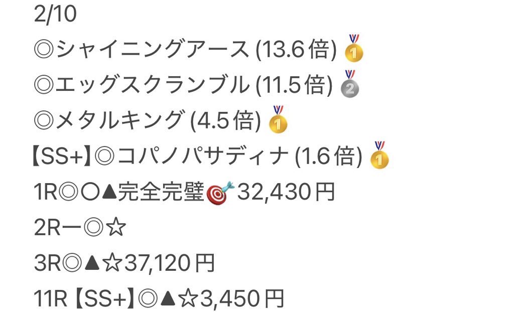222ayaneru's tweet photo. 今から1時間限定‼️
 ︎︎
〜激アツの⚔️決戦の金曜日⚔️到来〜
 ︎︎
🎁2/13(金)船橋有料記事を全て🎁
以下3点をクリアした人から抽選👇
リポスト♻️いいね❤️Instagramフォロー🤝
 ︎︎
👉6日連続の勝ち確🥇
👉船橋予想4日連続の勝ち確🏅
👉3日連続で船橋◎単勝回収率100％超❗️
👉⚔️決戦の金曜日⚔️2開催連続の勝ち確🎖️
 ︎︎
--------------------
👇今週の激アツ船橋の実績はこちら👇
2/12
◎ゴールドパートナー(7.4倍)🥉
◎ザビッグマン(16.8倍)🥇
◎スパイオンハート(27.8倍)🥉
【究極】◎トーホウキザン(19.1倍)🥉
3R▲ー◎ワイド
7R◎☆▲35,660円
11R【究極】ー☆◎

2/11
◎グリーンダイヤル(3.3倍)🥉
◎テンカジョウ(2.1倍)🥇
【SS+】◎ラップランド(14.3倍)🥇
8R○☆◎33,360円
11R◎ー▲ワイド🎯
12R【SS+】◎☆○57,160円

2/10
◎シャイニングアース(13.6倍)🥇
◎エッグスクランブル(11.5倍)🥈
◎メタルキング(4.5倍)🥇
【SS+】◎コパノパサディナ(1.6倍)🥇
1R◎○▲完全完璧🎯32,430円
2Rー◎☆
3R◎▲☆37,120円
11R【SS+】◎▲☆3,450円

2/9
◎パリスフォンテン(20.8倍)🥈
◎スノーライトニング(122.3倍)🥈
【SS】◎タッセル(
【S】◎フクチャンキング(8人気29.6倍)🥉
2R▲◎☆8,410円
6R▲◎ー馬複5,160円・ワイド1,200円
7R【SS】○▲◎完全完璧🎯3,300円
11R○▲◎完全完璧🎯127,420円
