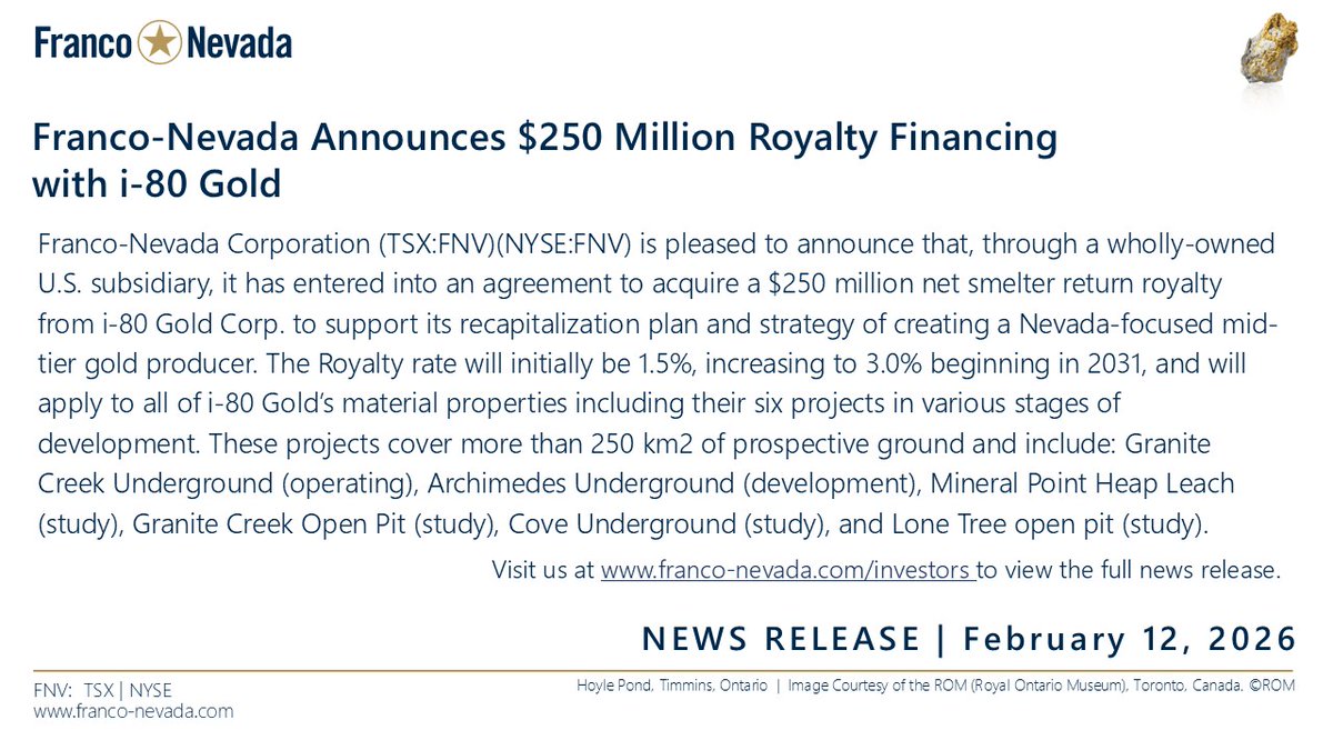 Franco-Nevada announced $250 Million Royalty Financing with i-80 Gold here: bit.ly/4aMAt80