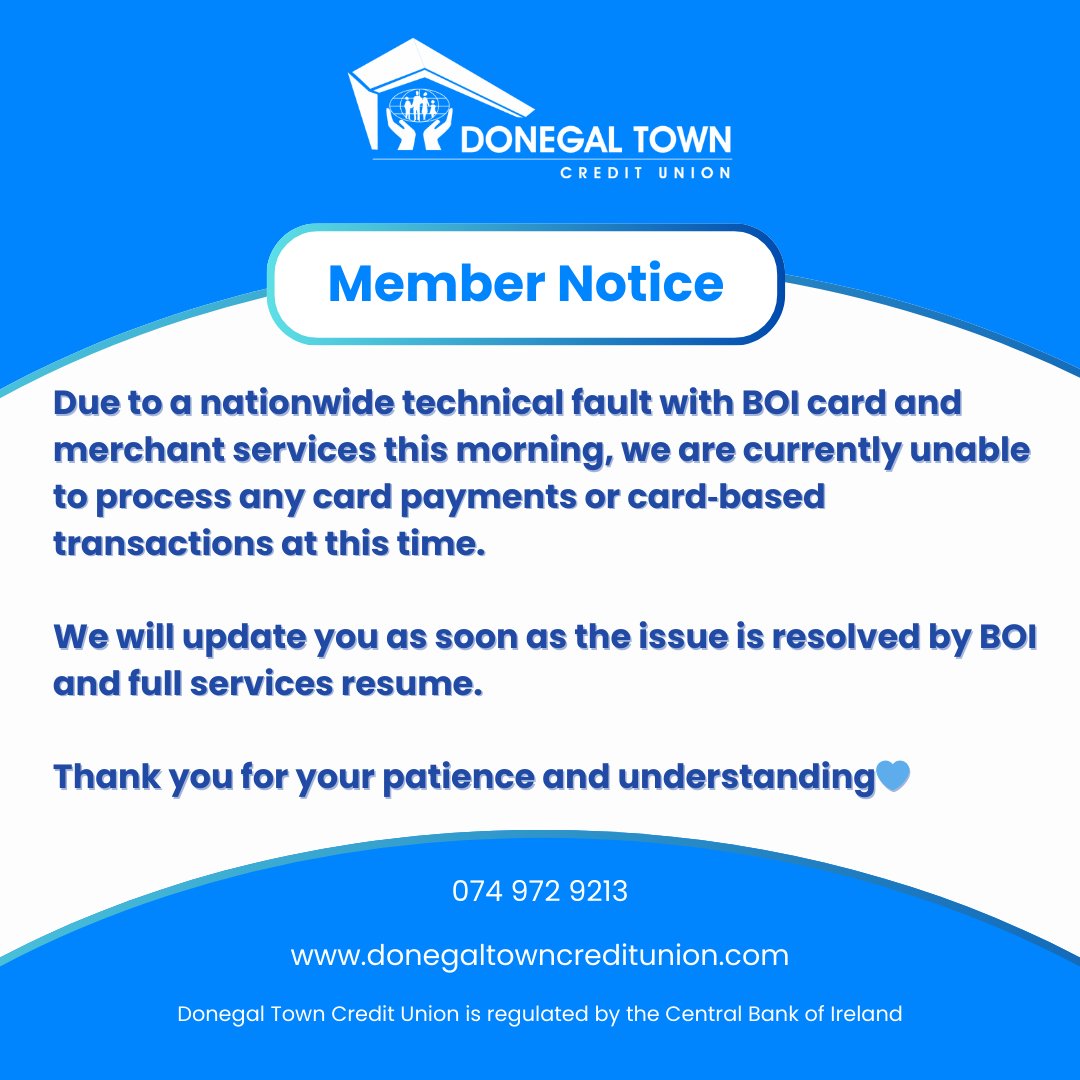 ⚠️ Card Payments Unavailable

Bank of Ireland is experiencing a nationwide fault affecting card services, so we can’t process card payments right now.

We’ll update you once it’s resolved. Thanks for your patience 💙