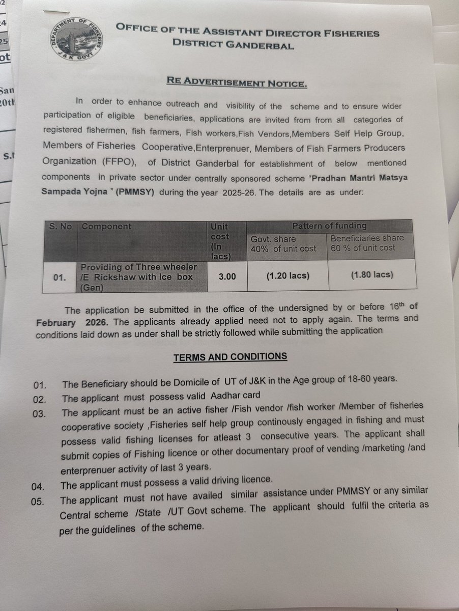 AdfoGanderbal's tweet photo. RE-ADVERTISEMENT 
Offline  applications are hereby invited from eligible beneficiaries under the Pradhan Mantri Matsya Sampada Yojana (PMMSY) scheme for availing benefits under various fisheries components
@CentreGanderbal @dcganderbal @ddnewsSrinagar @DDNewslive https://t.co/ZnBzQD0KxJ
