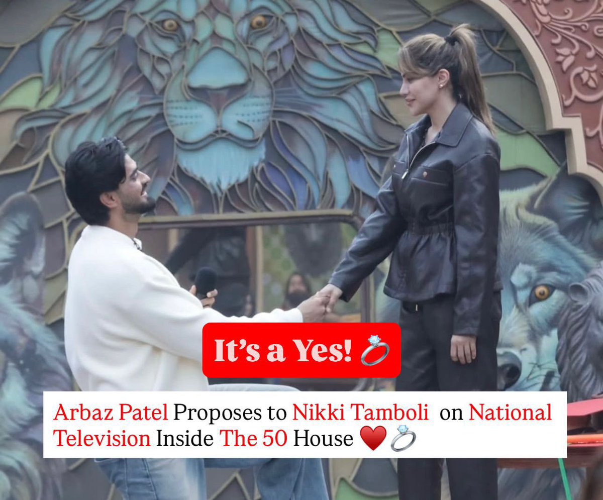 iamviraltv's tweet photo. She said YES! 💍

@mr.arbazpatel  surprise proposal to @nikki_tamboli inside The 50 left everyone in Awe! 🥰 

#The50 #nikkitamboli #arbazpatel https://t.co/nJRyFVfPyi