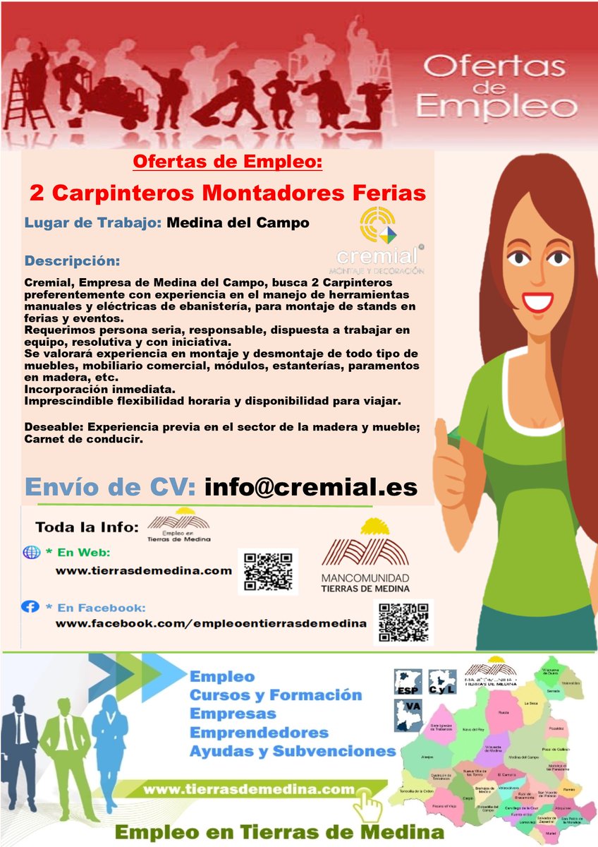 Ofertas de #Empleo: 2 #Carpinteros #Montadores #Ferias #MedinadelCampo

<a href="/CREMIAL_Stands/">CREMIAL Stands</a>, busca 2 Carpinteros preferentemente con experiencia en el manejo de herramientas manuales y eléctricas de ebanistería, para montaje de stands en ferias y eventos

Envío de CV: info@cremial.es