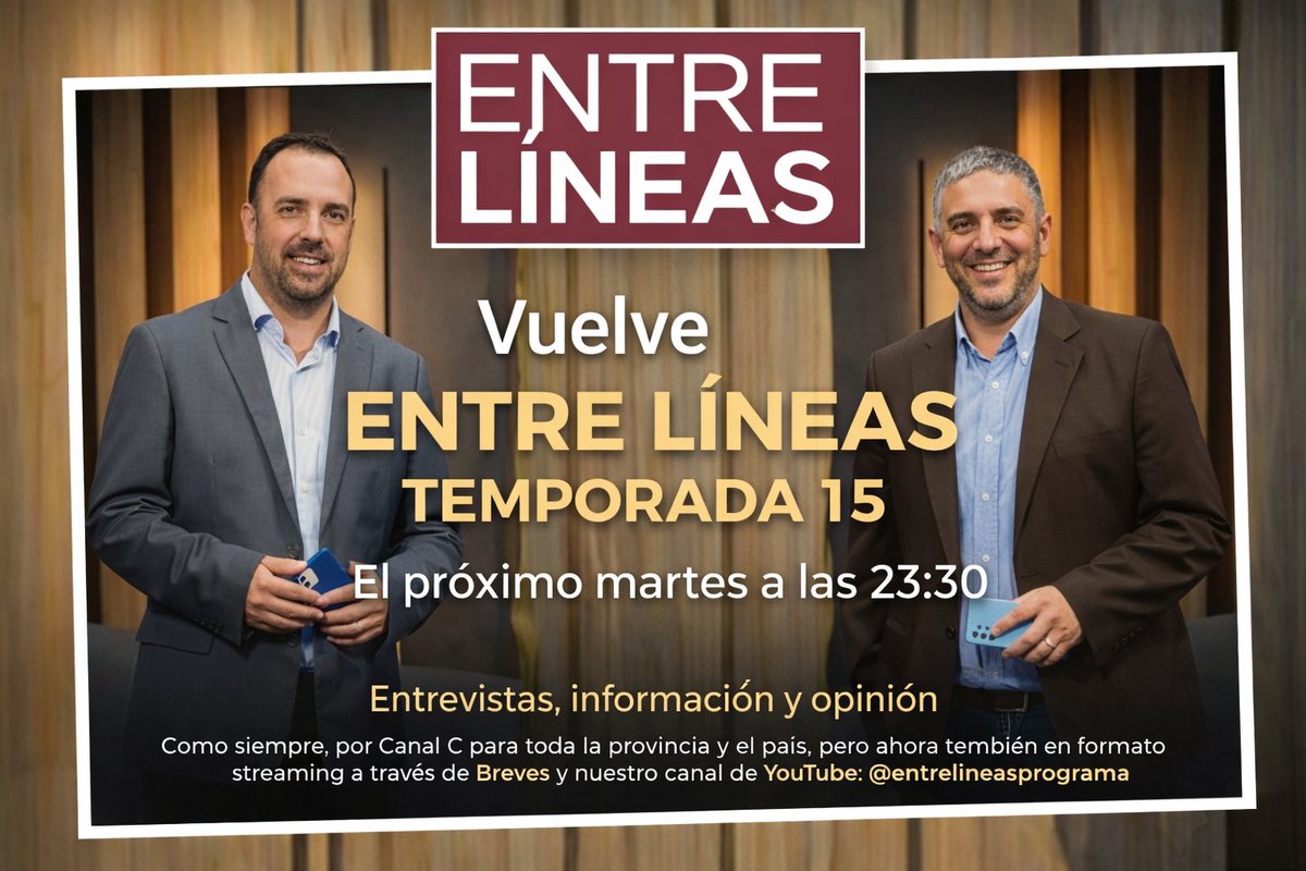Desde el próximo martes vuelve EntreLíneas‼️
Entrevistas, información y opinión, ahora con nuevo formato streaming. Siempre por <a href="/canalccordoba/">Canal C Córdoba</a>, por nuestro canal de YouTube @entrelineasprograma y también por <a href="/RevistaBreves/">Breves Empresarial</a> 💪 📺📹