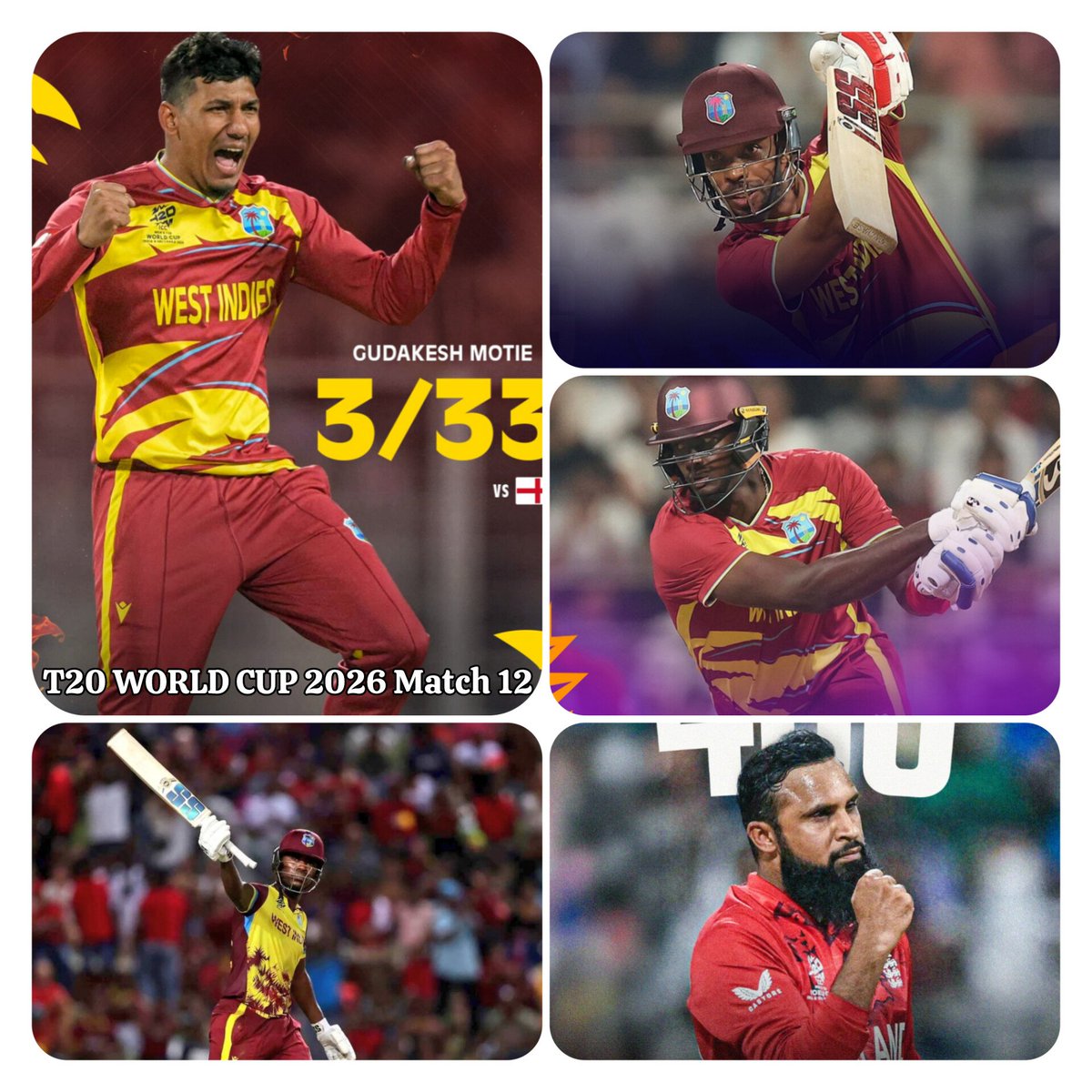 𝗧𝟮𝟬 𝗪𝗢𝗥𝗟𝗗 𝗖𝗨𝗣 𝟮𝟬𝟮𝟲🏆
Match 15 #EngvWI
Mumbai 11 Feb
T_Eng opted to bowl first.
🏝️ 196(20)
Sgerfane Rutherford 76(42)*
Jason Holder 33(17)

Adil Rashid 2-17
J Overton 2-33
_
_
🏴󠁧󠁢󠁥󠁮󠁧󠁿 166/10(19)
P Salt 30(14)
S Curran 43(30)

G Motie 3-33
R Chase 2-29

_

#T20WorldCup