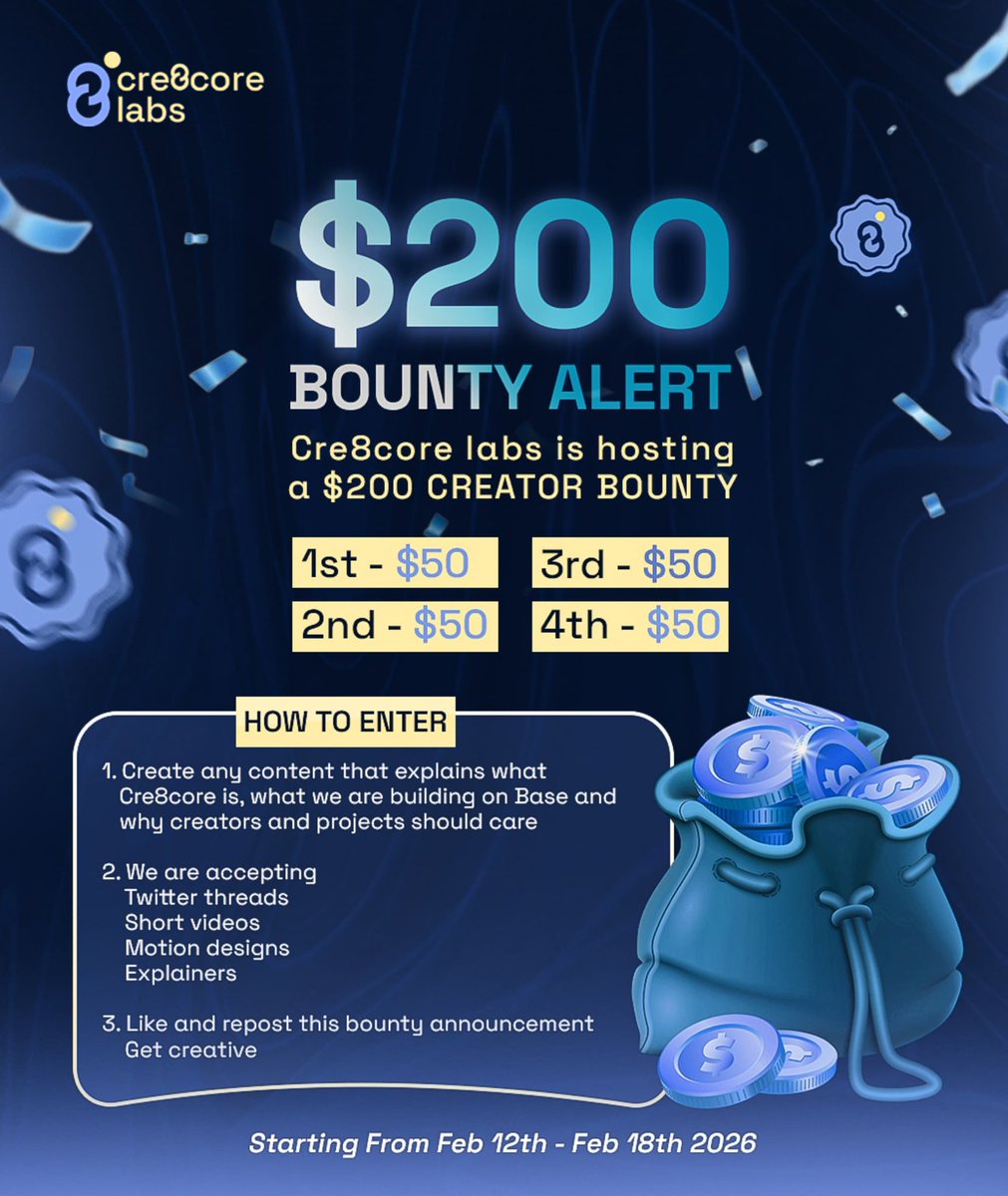 $200 CREATOR BOUNTY ALERT 🔊

The first ever Cre8core labs bounty is live.

$200 PRIZE POOL for creators to explain what we're building.
Explain Cre8core, tell the story . 

Create → Submit → Win → Earn

Creators on <a href="/base/">Base</a> , this is for you.
Tap in now. cre8core.fun