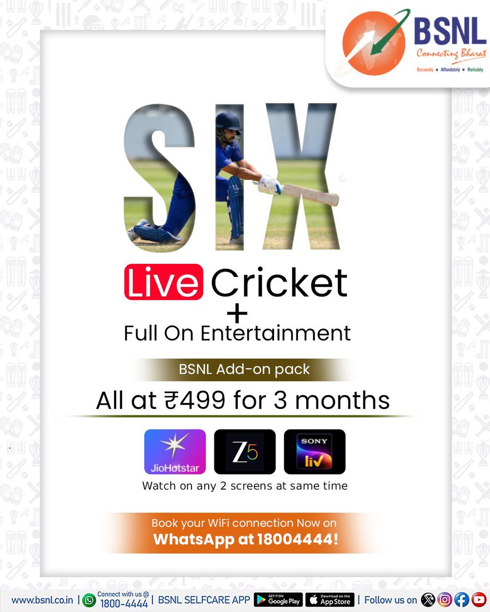 No buffering. No missing the winning shot. 🏏

Switch to BSNL FTTH Add-On Pack @ ₹499 for 3 months and enjoy:
* Live cricket streaming in HD
* Premium OTT movies &amp; web series
* Dual-screen viewing anytime, anywhere
* Stable &amp; high-speed fiber connectivity

Say 'Hi' on WhatsApp