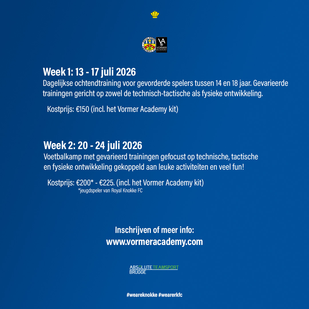 Voetbalplezier gegarandeerd deze zomer! Samen met de Vormer Academy organiseren we ook in de zomer 2 leuke en leerrijke voetbalkampen!☀️

👉Inschrijven voor het kamp in de paasvakantie kan nog steeds!

ℹ️ Inschrijven of meer info? vormeracademy.com

#weareknokke #wearerkfc