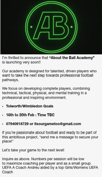 itsourgametoo's tweet photo. We rarely promote coaches but Andreu is a top Spanish “UEFA A” coach who is looking to perform half-term sessions. The sessions will be held between the 16th to 20th Feb at a location between Tolworth and Wimbledon.  The sessions will be aimed at U16 to U18 Girls and will be focused on developing your all round technical game. Andreu brings a high level of professional experience that you will not get at your local clubs or coaches. These sessions are intense and if you want to take your footballing IQ to the next level, don’t hesitate to contact us now.  Get noticed by the best coaches to further your game. itsourgametoo@gmail.com 
@HerGameToo @JPL_WARRIORS @WomensFootyNet @TalkingWoSo