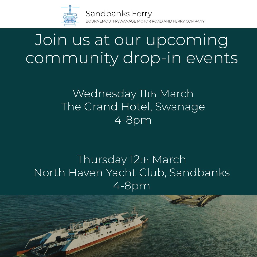 Following our community events in late 2024 and early 2025, we're pleased to invite members of the local community to connect with us once again at our upcoming drop-in events.

Find our more here: sandbanksferry.co.uk/sandbanks-ferr…