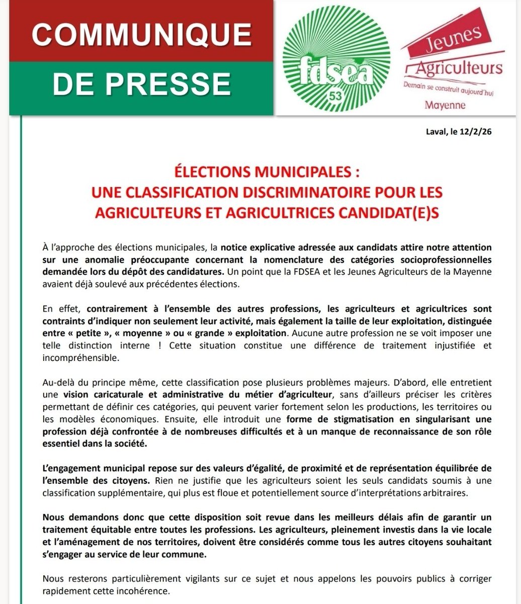 fdsea53's tweet image. [#Municipales] Vous êtes agriculteur/trice et candidat/e aux élections sur votre commune ? N'oubliez pas d'indiquer la taille de votre exploitation !!! 🤔 #égalité #discrimination #République #onmarchesurlatete @FNSEA @JeunesAgri @Prefet53 @Agri_Gouv @Interieur_Gouv