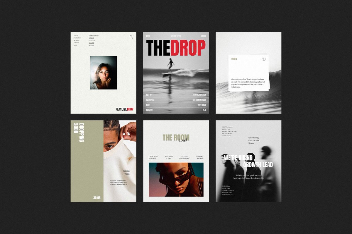 PixelBuddha's tweet image. The Drop - Social Media Templates:

An editorial kit of Instagram post templates for Canva &amp;amp; InDesign with clean spacing, oversized headlines, and hushed, neutral backgrounds.

#pixelbuddha #canva #InDesign #socialmedia #graphicdesign #minimalist