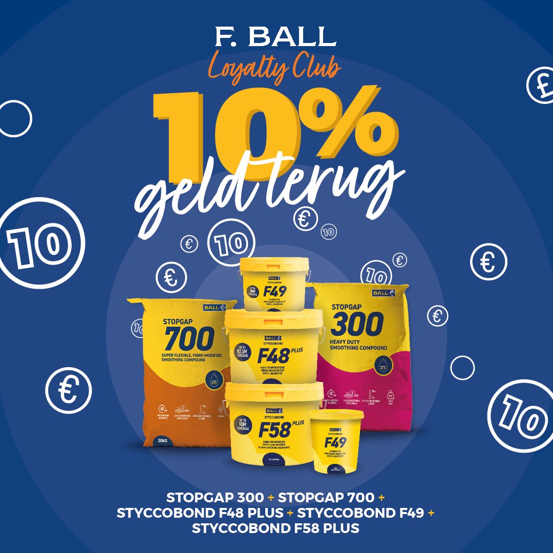 Leden van de Loyalty Club!

10% cashback op Stopgap 300, Stopgap 700, Styccobond F48 PLUS, F49, and F58 PLUS van januari tot maart

👀 op alle andere producten van F. Ball ontvang je de gebruikelijke 2,5% cashback! 

Nog geen lid? Meld je gratis aan 👉 f-ball.com/nl/loyalty-clu…