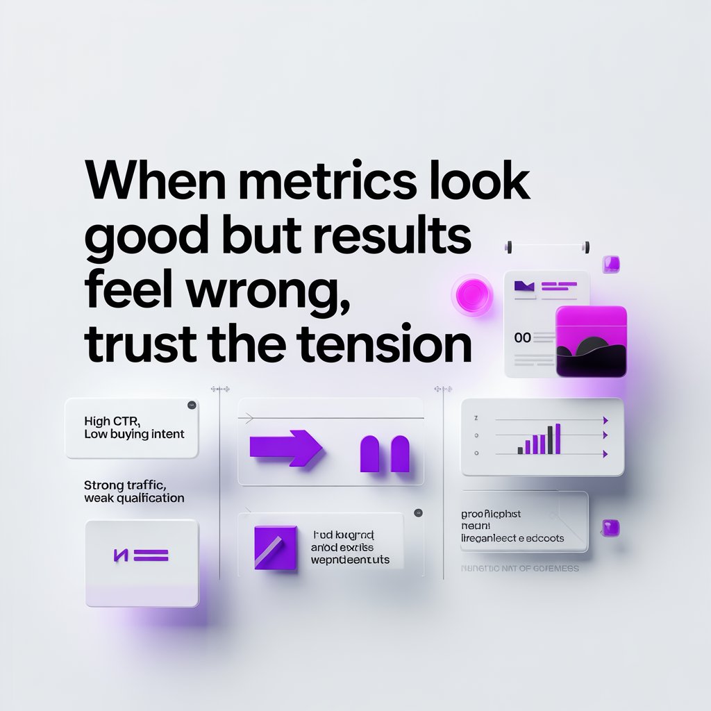 When metrics look good but results feel off, pay attention to that feeling. Numbers can be impressive, but system reveal the truth.

→ High CTR, low buying intent  
→ Strong traffic, weak qualification  
→ Growing lead, shrinking margin
→ Clean dashboards, messy decisions