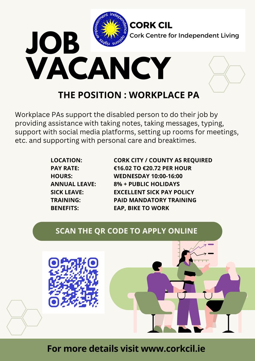 CorkCIL's tweet photo. Cork Centre for Independent Living (Cork CIL) is recruiting a workplace-based support worker (Workplace PA) to work with a young disabled woman supporting her at her workplace Ballintemple in Cork city.

We have excellent rates of pay and unmatched terms &amp; conditions https://t.co/Nfp8KTZrS5