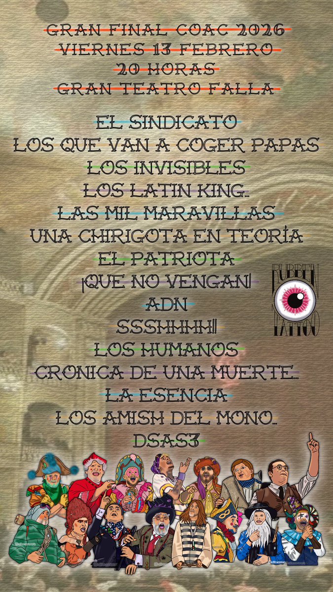 Aquí tenéis el orden de la #FINALCOAC2026 
Hay agrupaciones que no me deja etiquetar en la foto, <a href="/gagodecadi/">🏳️‍🌈Ángel Gago 🏳️‍🌈✊🏻🇵🇸✊🏻</a> <a href="/ComparsaAres/">La Comparsa de Antonio Martínez Ares</a> <a href="/CoroLuisRivero/">Químbara</a> y dos que no encuentro su Twitter 
<a href="/rubenlopez07/">Rubén López</a> <a href="/jjcadi/">Jose Juan ‎۞</a> <a href="/german_mansilla/">Germán Mansilla</a>