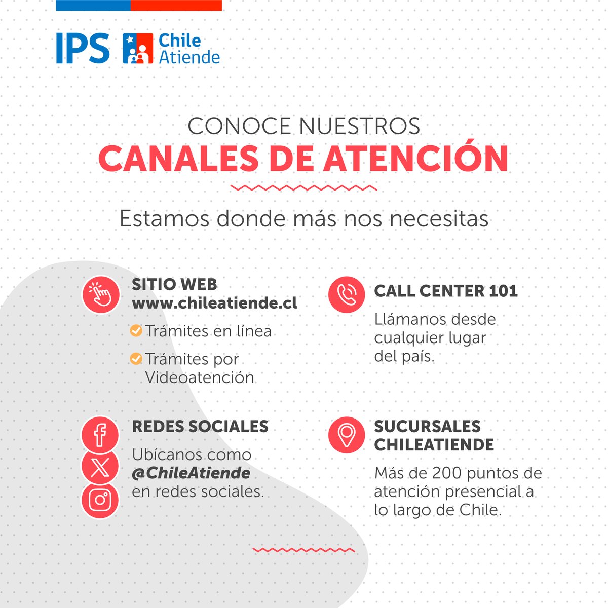 ¡Buen día!😊
¿Conoces todas las formas de hacer tu trámites o solicitar un beneficio del Estado?🤷‍♀️ Te presentamos todos nuestros canales de atención:
✅Call Center ☎️101
✅Redes sociales 📲 ChileAtiende
✅En línea 🧑‍💻chileatiende.cl
✅Sucursales 🏢tinyurl.com/mpf5f68z