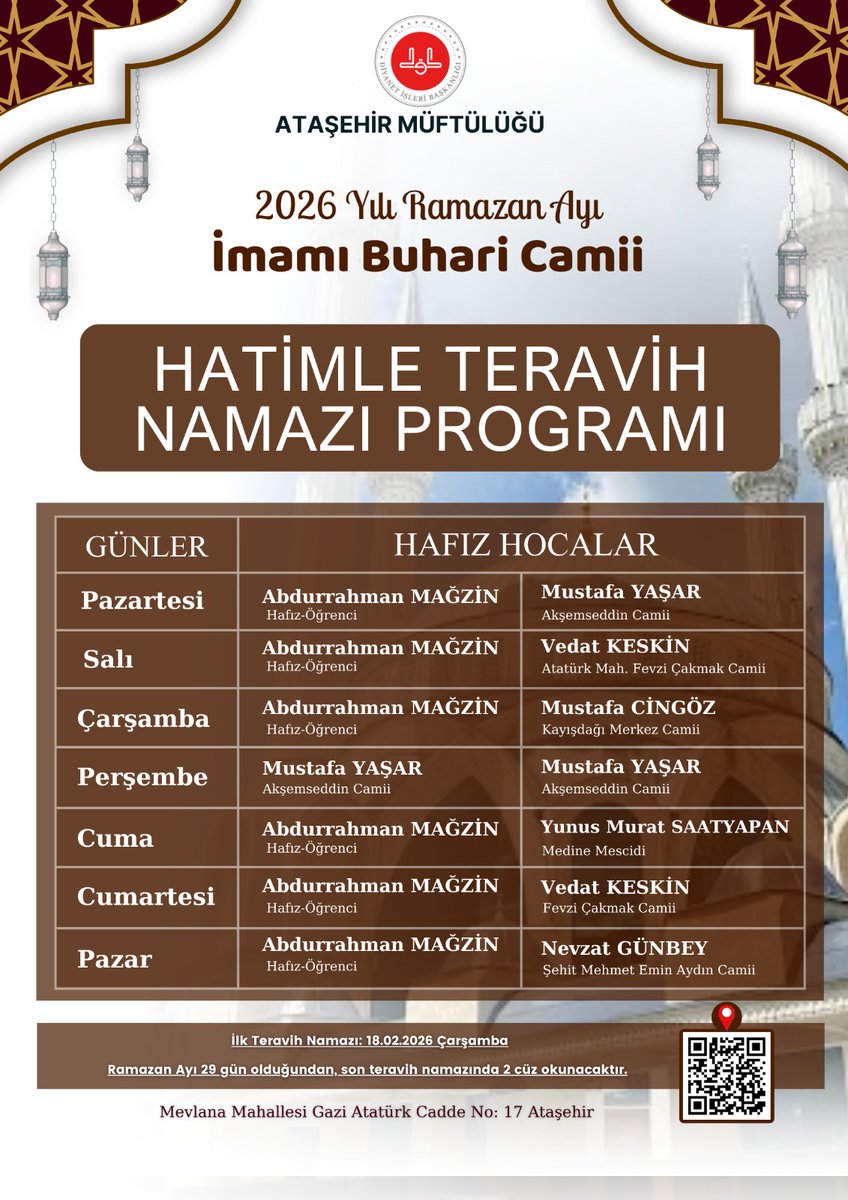 2026 YILI HATİMLE TERAVİH NAMAZI KILINACAK CAMİLERİMİZ

📍Selman-ı Farisi Camii
📍İmamı Buhari Camii