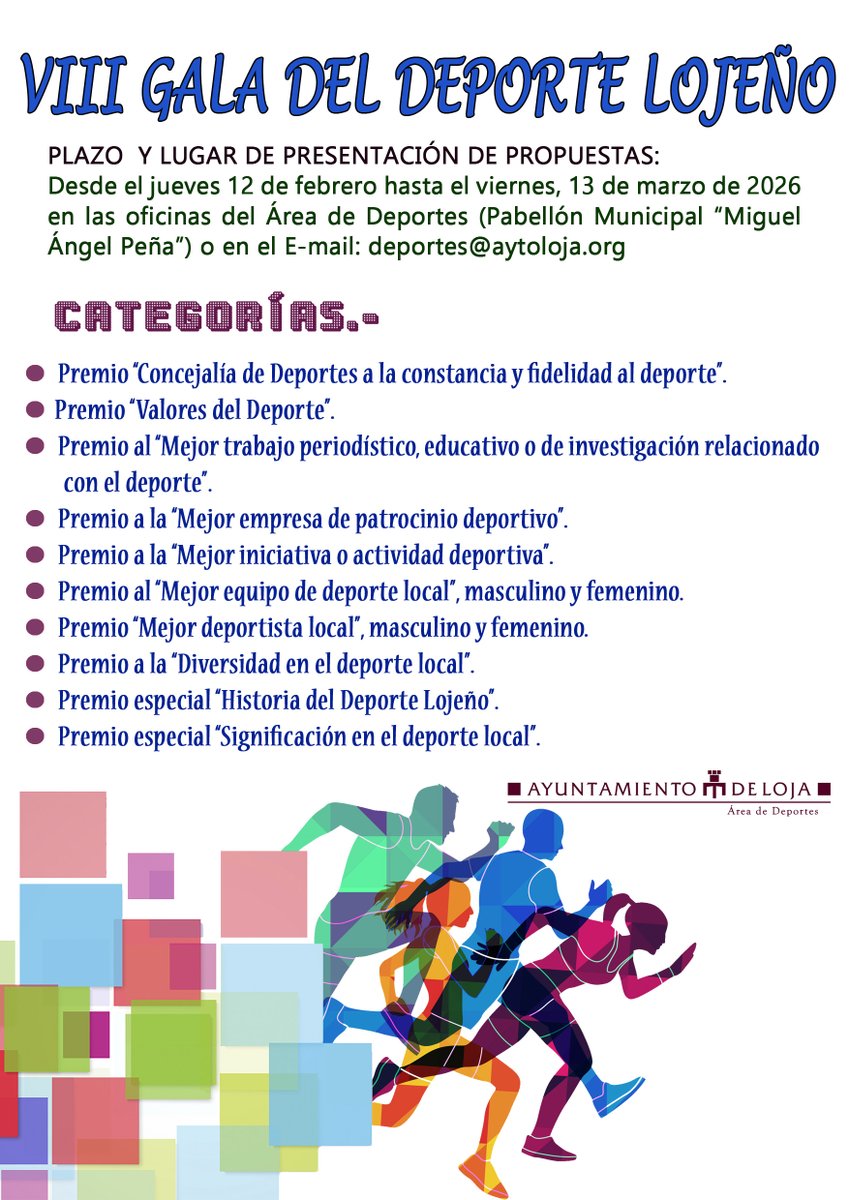 Abierto el plazo para hacer propuestas a los premios de la VIII Gala del Deporte Lojeño que convoca <a href="/lojadeportes/">Área de Deportes Loja</a>