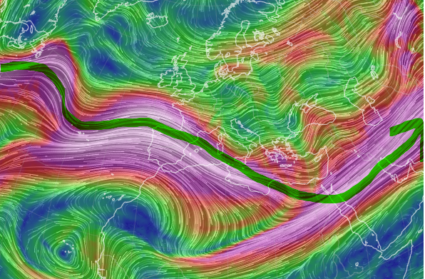 MagaWx02's tweet photo. El jet stream a 250 hPa (9 km de altura) hoy 12/02/2026 se halla sobre la peninsula, esto se traduce en vientos fuertes en superficie. https://t.co/MoNAZZ1d7H