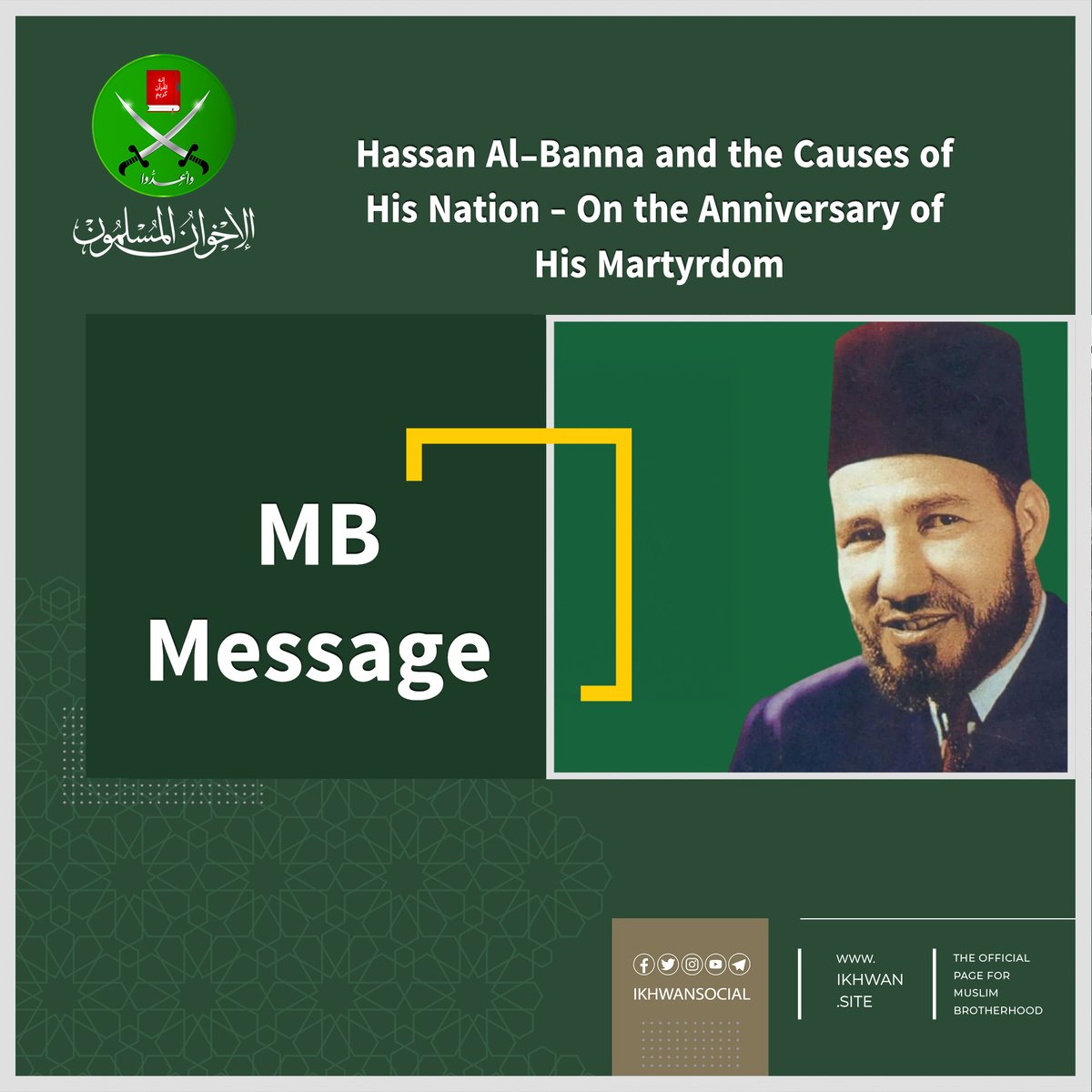 In a time when power maps are shifting, and the world's balance of power is being reshaped at the expense of the vulnerable and oppressed (peoples), the anniversary of Imam Hassan Al Banna’s martyrdom comes to remind us that.....
ikhwan.site/p-223385